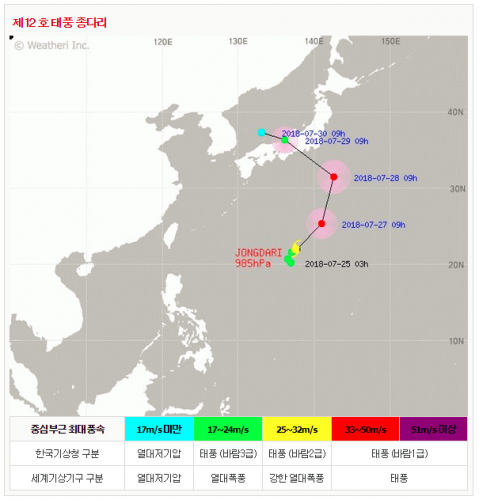 12호 태풍 종다리 26일 실시간 위치 정보