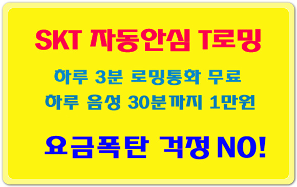 해외로밍 요금폭탄 NO! 하루3분 로밍통화 무료! SKT 자동안심T로밍 서비스!