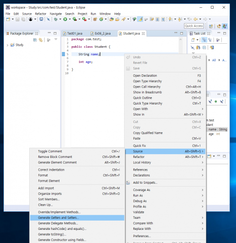 [이클립스] Eclipse에서 getter/setter 메소드 자동 생성하기