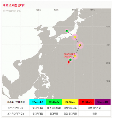 12호 태풍 종다리 실시간 태풍위치 안내