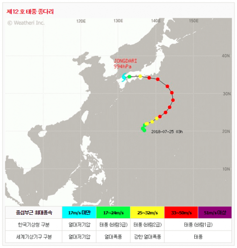 12호 태풍 종다리 실시간 위치 경로와 예상