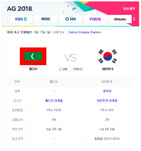 2018 아시안게임 여자 축구 중계 한국 vs 몰디브 MBC 온에어