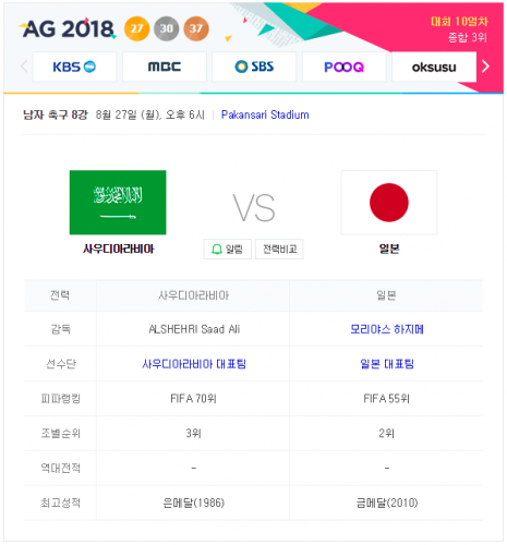 2018 아시안게임 남자 축구 중계 8강전 일본 : 사우디아라비아