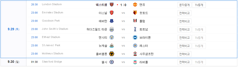 2018-2019 프리미어리그(EPL) 7라운드 실시간 중계