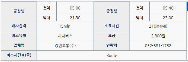 인천공항↔인천시 십정동 303번 시내버스 경유지(정류장) 첫차/막차 시간