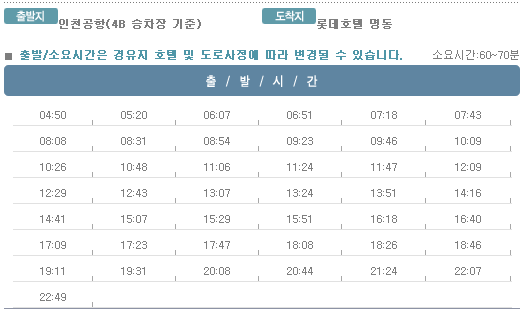 인천공항↔롯데호텔 명동 칼(Kal)리무진버스 운행 시간표