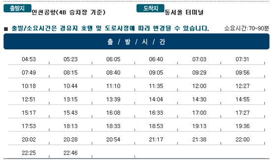 인천공항↔동서울 터미널 칼(KAL)리무진버스 운행 시간표