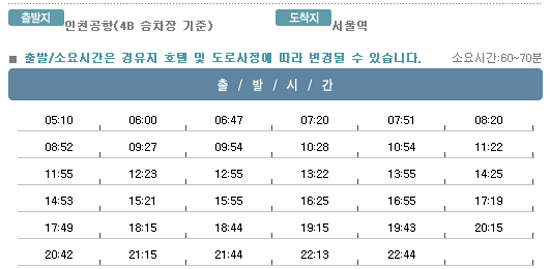 인천공항↔서울역 칼(KAL)리무진버스 운행 시간표