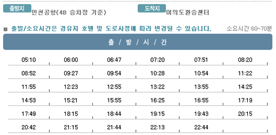 인천공항↔여의도 환승센터 칼(KAL)리무진버스 운행 시간표